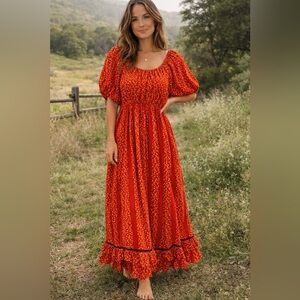 Vintage Homemade Red Calico Floral Puff Sleeve Maxi Dress, Prairie Cottagecore